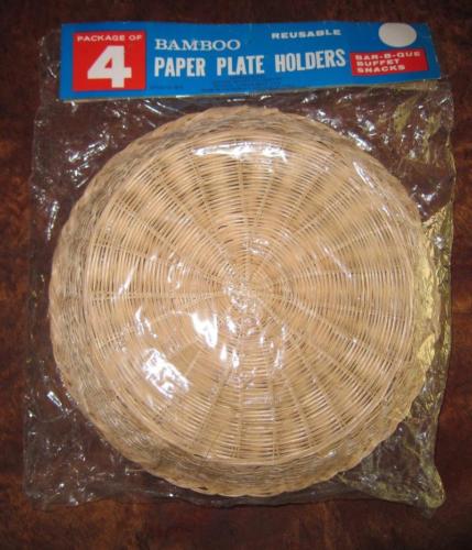 4 NOS Vtg Paper Plate Holders Bamboo Wicker Rattan Picnic Camping Cookout BBQ