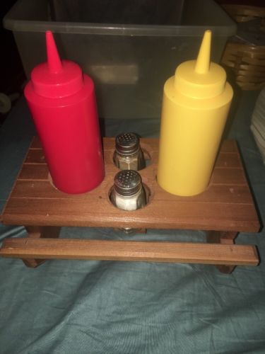 Picnic Table Condiment Caddy Holder 5 Piece Vintage, Ketchup, Mustard, S & P