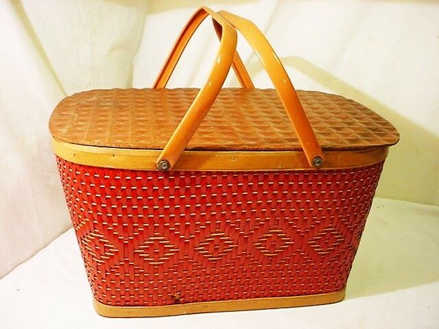 Vtg Wooden Wicker Woven Picnic Basket Red-Man 18x12x10 Metal Handles USA Large