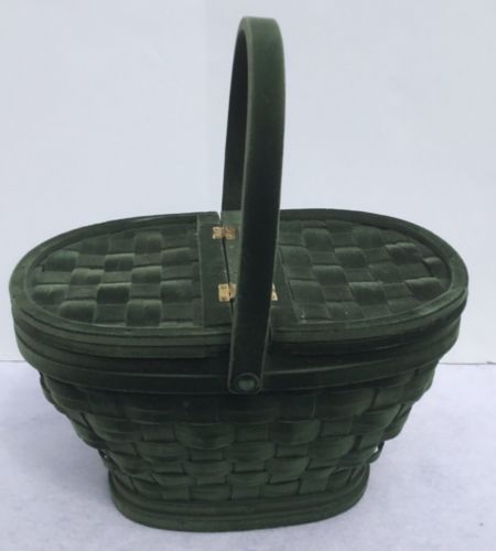 Woven Green Velour Lidded Basket Hinged Vintage 10
