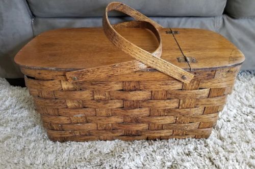 Vintage Woven Wood Picnic Basket Hinged Lid 18