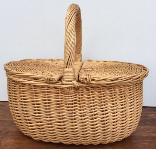 Vintage Wicker Rattan Oval Picnic Basket 2 Handles Costume or Country Decor Use