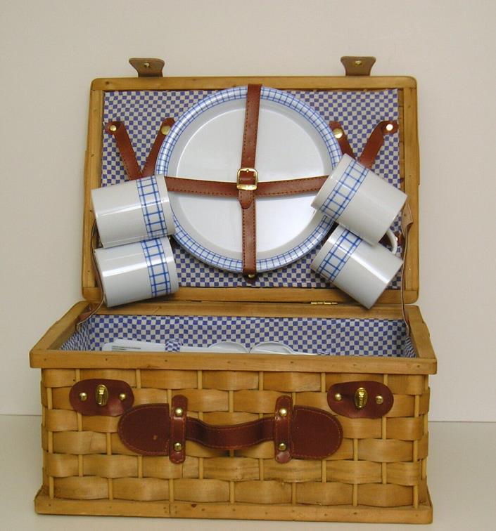 Picnic Basket for 4 Woven Wood Leather Handle Suitcase Style Blue White Interior