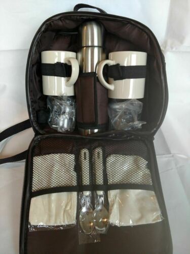 Gevalia Travel Coffee Tea Backpack Kit w Thermos, Ceramic Mugs / Cups, Spoons