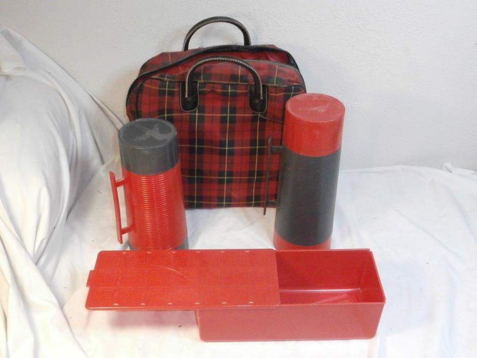 vintage aladdin red plaid 1970's picnic set sandwich box , thermos vacuum bottle