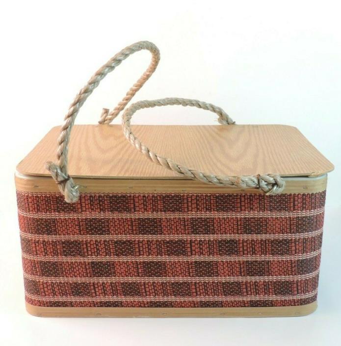 Vintage Burlington Plaid Wood Rope Handle Picnic Basket Red Black