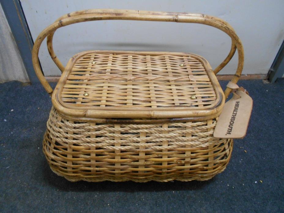 Vintage Bamboo Rattan Picnic Basket with golf design fabric inside bamboo handle