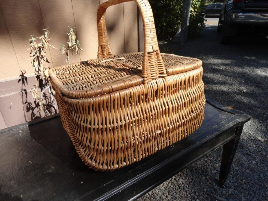 Vintage Large Woven Wood  Picnic Basket  Liner Hinged Lid