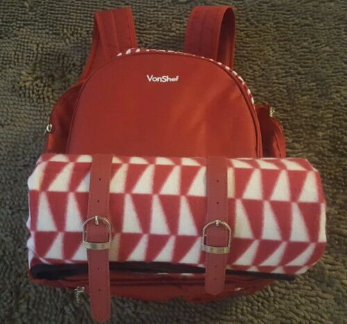 VonShef*4 Person Red Picnic Backpack with Blanket*NWT