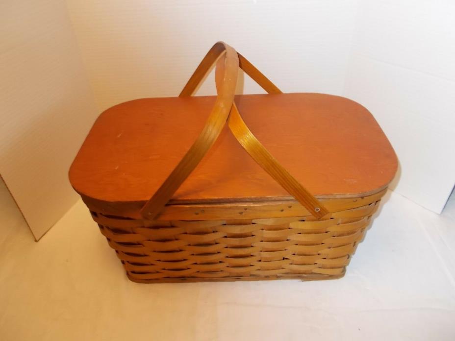 Vintage Woven Wood Split Wicker Picnic Basket w/Hinged Top & Handles