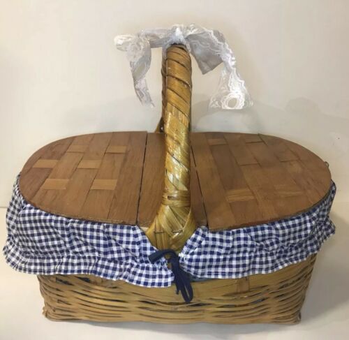 Beautiful Classic Vintage Wicker Picnic wooden Basket with blue/white Liner bow