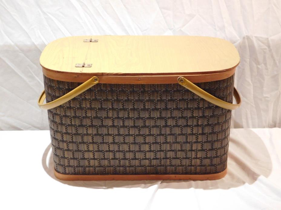 Vintage Wicker Picnic Basket w/ Folding Metal Arms