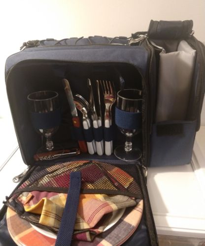 picnic time picnic set with cooler compartment blue tote for two