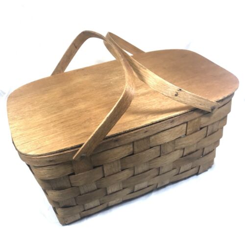 Vintage Peterboro Woven Wood Picnic Basket  Hinged Lid Bentwood Handles