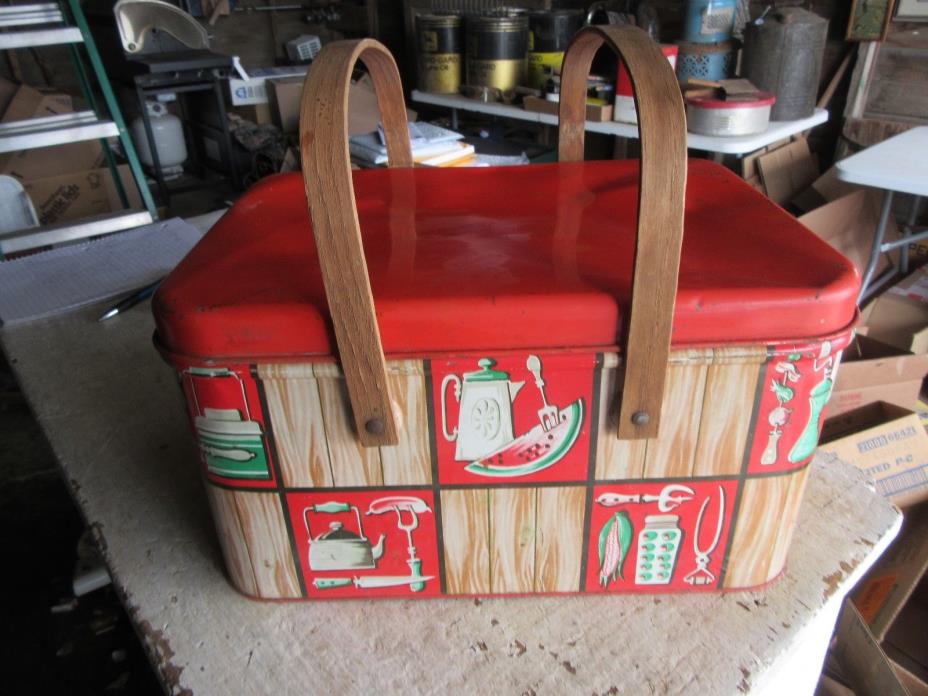 Vintage Metal Picnic Basket  Kitchen Ware Art Deco Good Condition  Lot 18-13-15b