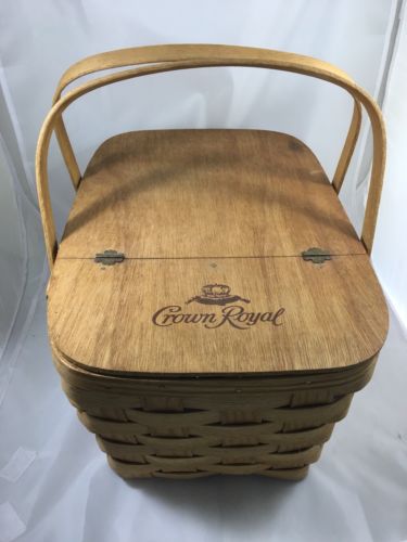 Vintage Crown Royal Picnic Basket Advertising Woven Wood Lid Vinyl Liner Handles
