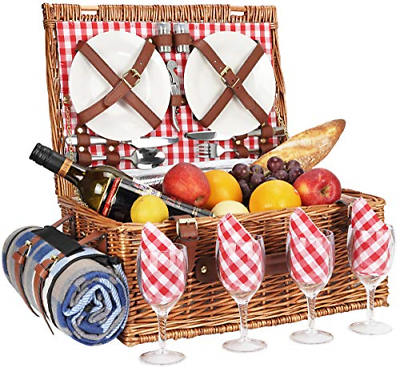 Sunflora Wicker Picnic Basket for 4 Persons Set with Large Insulated Compartment