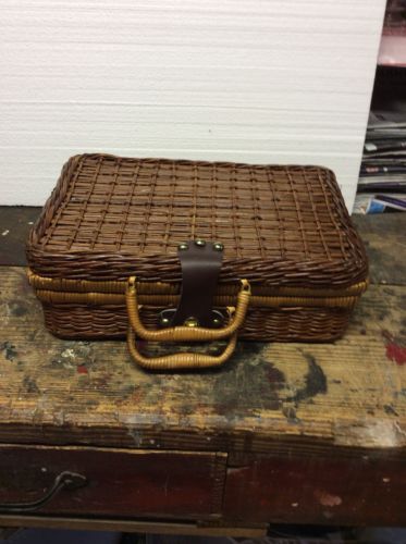 Vintage Small Wicker Picnic Basket With Two Handles Leather Clasp LOW SHIP