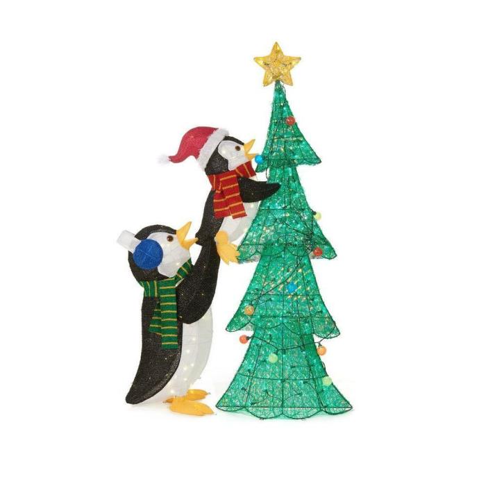 62 in. Christmas Decorations LED Lighted Tinsel Penguins with Christmas Tree