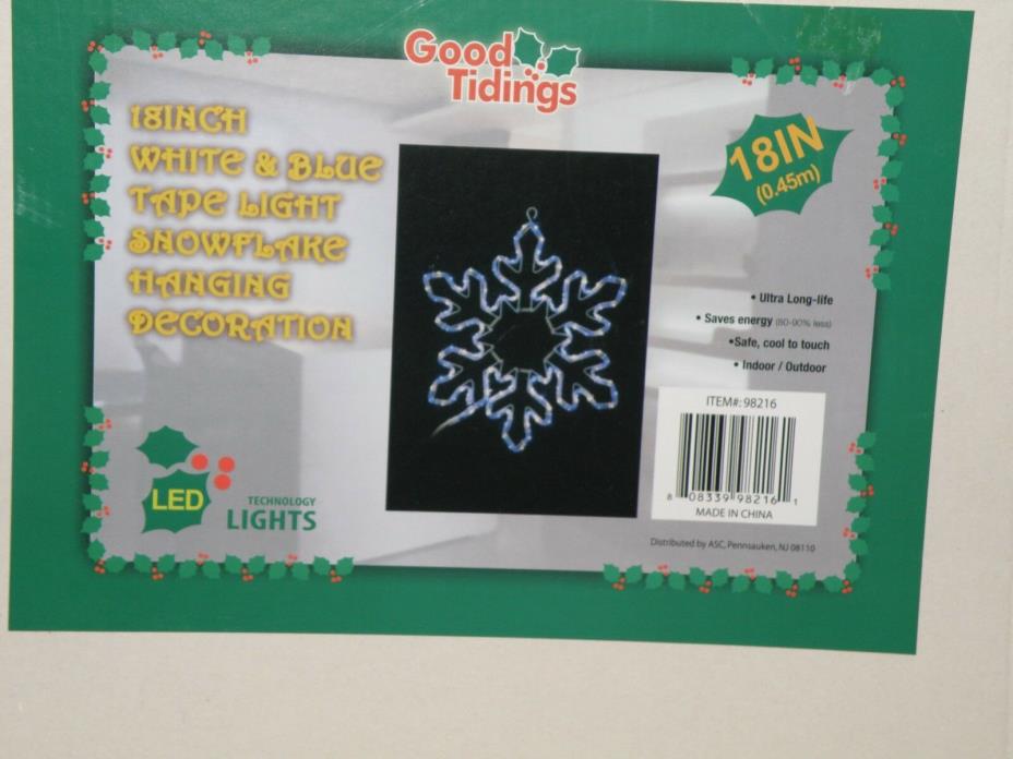 GOOD TIDINGS 18 INCH  WHITE & BLUE HANGING LED SNOWFLAKE LIGHT NEW IN BOX