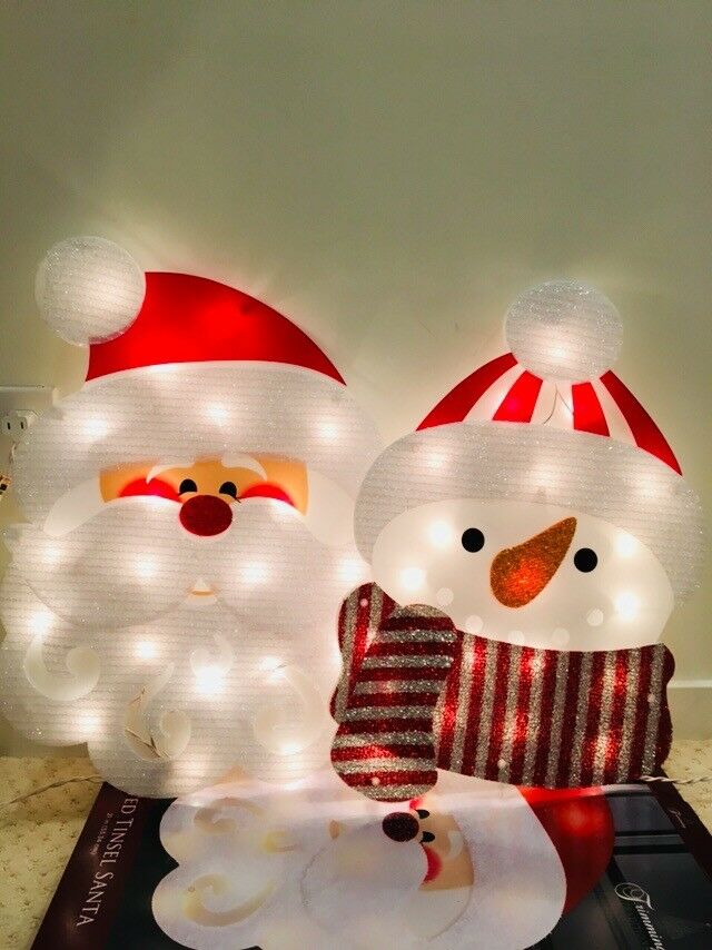 1 Santa or Snowman pre lit Lighted Snowflake Window suction cups hooks decor