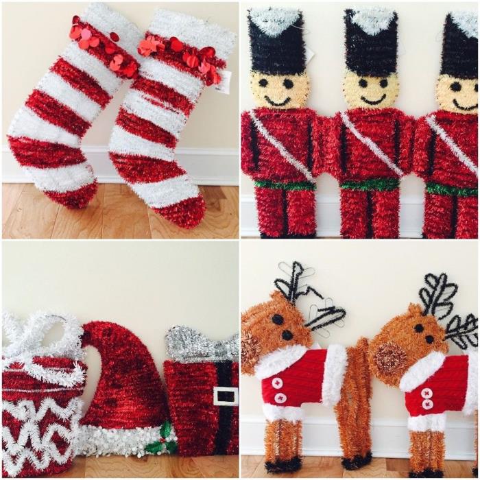 Lot 3 Tinsel Nutcracker Soldier santa hat gift box reindeer stocking Yard Decor1