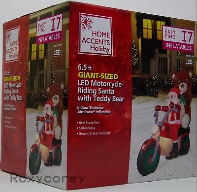 Home Accents Holiday 6.5 ft Santa Riding Motorcycle w/Teddy Bear Inflatable