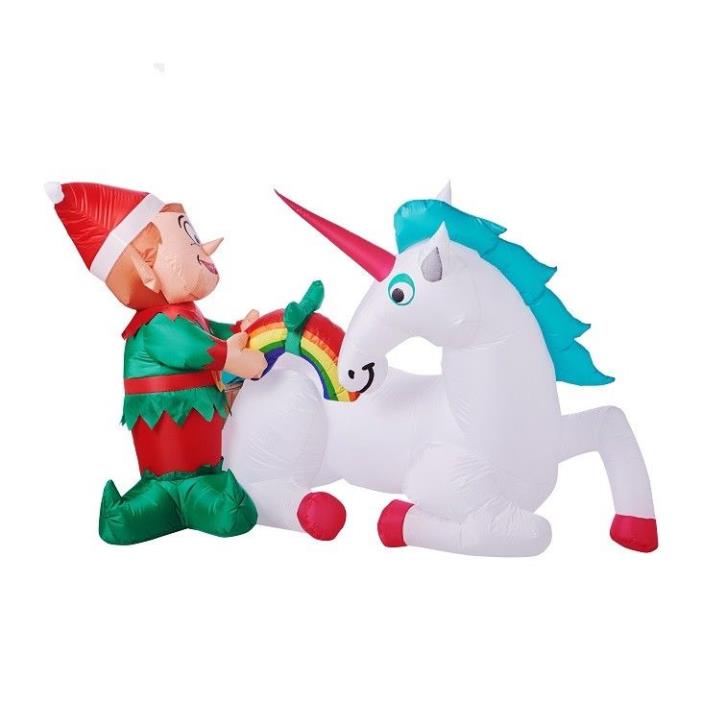 7FT ELF WITH UNICORN & RAINBOW CHRISTMAS INFLATABLE LIGHT UP AIRBLOWN NEW!
