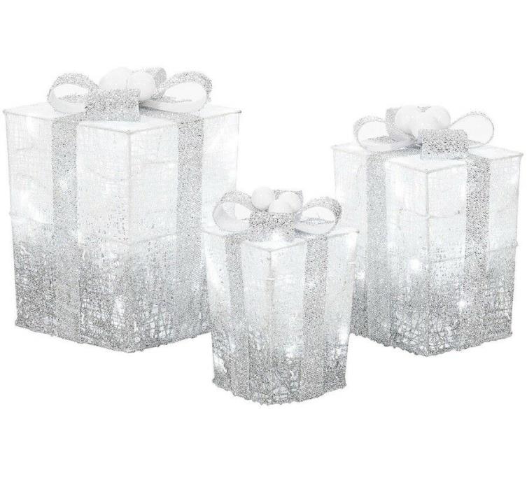 Silver White Ombre Twinkling Lighted Gift Box Sculptures Outdoor Christmas Decor