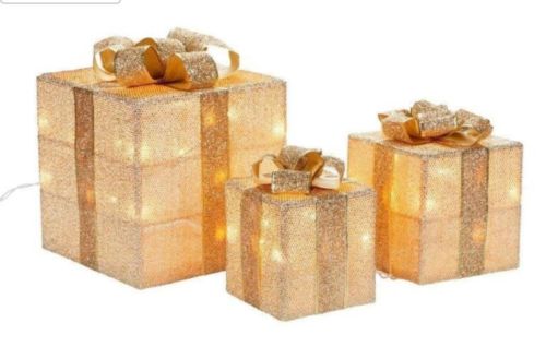 Holiday (SET OF 3) Lighted GOLD Gift Boxes Christmas Presents In/Outdoor Decor