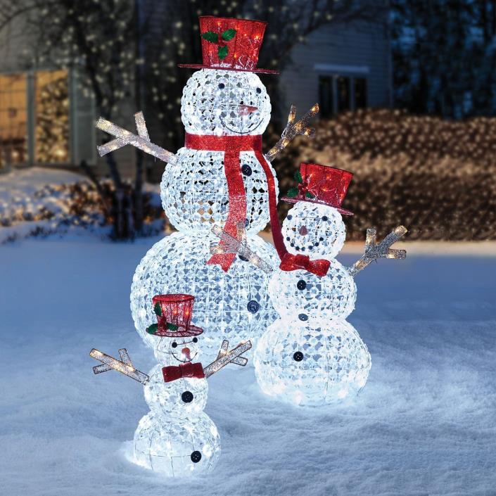 Crystal Beaded Twinkling Snowman Family, Set of 3 Christmas Decor Outdoor Winter