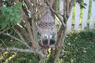 RUSTIC HANGING OR TABLE TOP HINGED LANTERN UNIQUE OCTAGONAL GLASS PANES