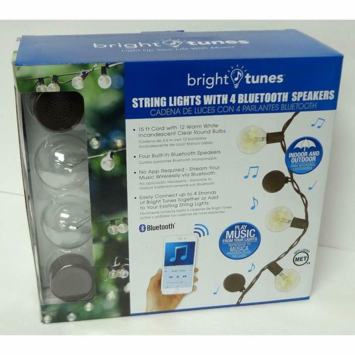 Bright Tunes Patio String Lights, warm white light with brown cord, BUILT IN BLU