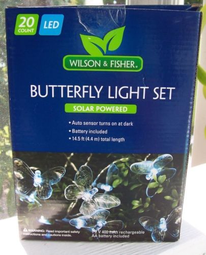SOLAR POWERED BUTTERFLY LIGHT STRING 20 Clear LED Battery Included NEW IN BOX