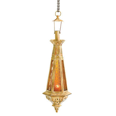 New Amber Teardrop Lantern Candle Holder Moroccan Styling Faux Antique Finish