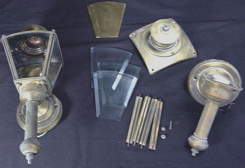 vintage outdoor lamp lantern style gold tone metal patina beveled glass,+ parts