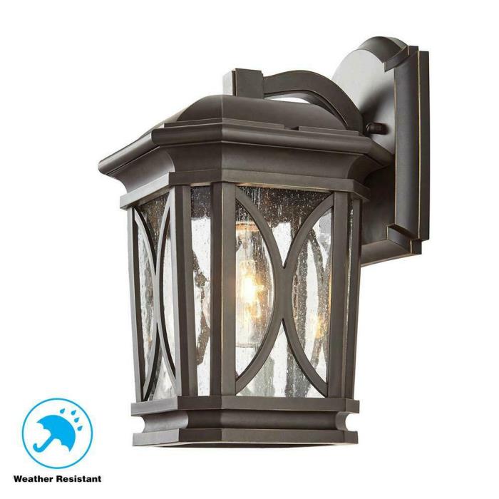 1-Light Bronze with Brass Highlights Outdoor 7 in. Wall Mount Lanter Clear B2