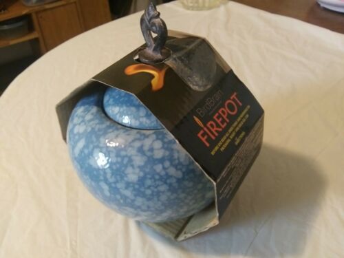Bird Brain Hand Glazed Ceramic Fire Pot Blue with Decorative Lid w/Wrought Iron