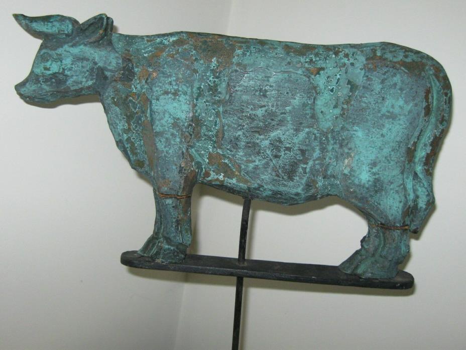 VINTAGE INTERESTING WOODEN BULL COW WEATHERVANE W/COPPER PATINA LOOK/OLD PAINT