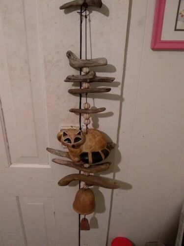Signed Vintage H Olsen Raccoon Wind Chime Pottery and Driftwood dated 1989