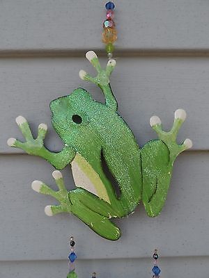 Painted Metal Frogs with glitter, Art Glass & Bead Wind chime 39