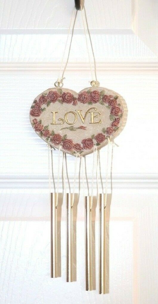 Love Heart Shaped Resin Roses Flower Design Wind Chime Gold Pink Valentines