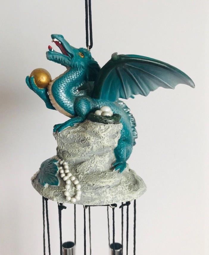Teal Blue Mother & Baby Dragons Whimsical Gold Sphere Ocean Pearl Wind Chimes