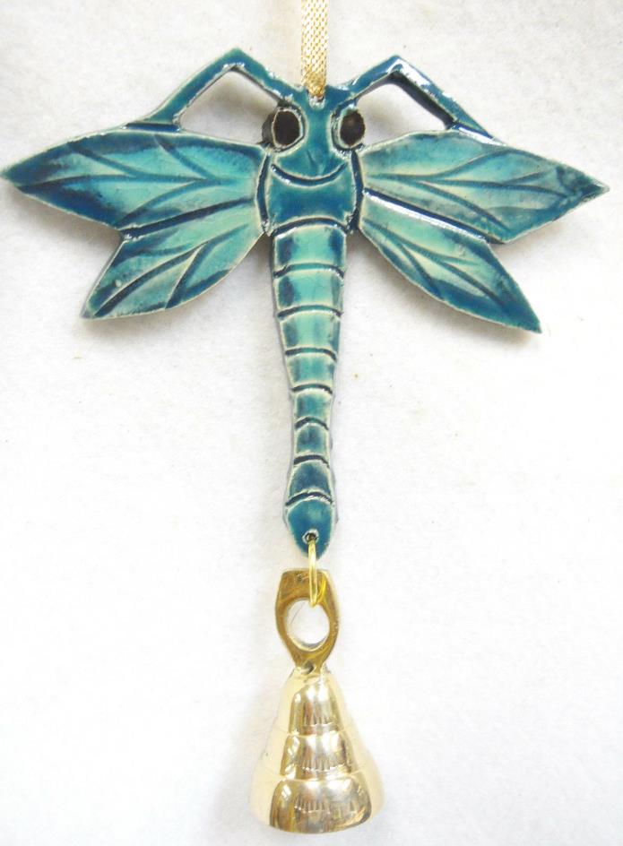Dragonfly Bell Handmade Ceramic Tile Ornament, Mobile, Suncatcher Teal Blue 6