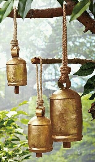 3 Iron Harmony Bells Small Med Large Wood Clapper Windchime Rope Hanger Rustic