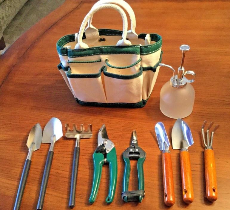 Indoor Houseplant Garden Tools (8) with Brookstone Canvas Carry Bag/Tote & Spray