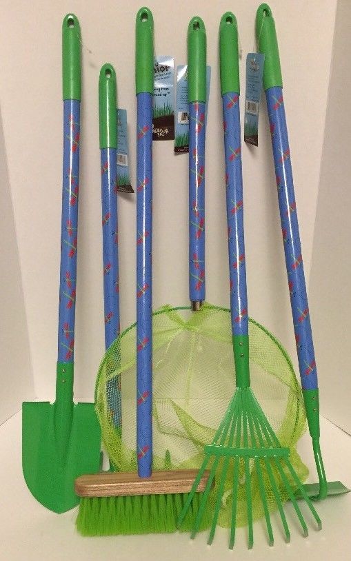 PINEBUSH JUNIOR SIZE GARDEN TOOLS RAKES SHOVEL HOE BRUSH BUTTERFLY NET-SET OF 6