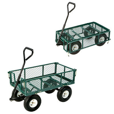 Utility Cart Wagon Hauling Towing Folding Sides Farm Handle Steering Cart-GREEN