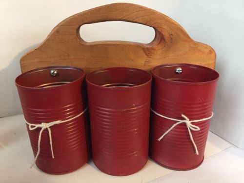 Red Up-cycled Tin Can Flower Caddy Herb Garden 6-pack with Wood Handle