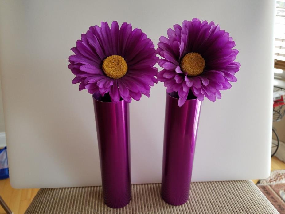 (2)METAL TIN FLOWER CONTAINER PURPLE INCLUDES FLOWER (Decoration)